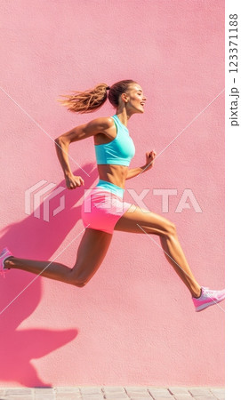 Full length profile view of a fit woman running against a vibrant pink wall, showcasing athleticism, energy, and urban fitness 123371188