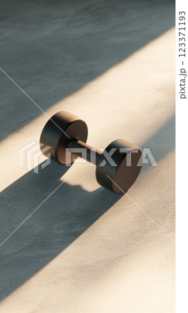 Sleek black dumbbell on the floor, casting a shadow in sunlight, symbolizes commitment to fitness and health 123371193