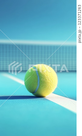 Fluorescent yellow tennis ball sits on the vibrant blue surface of a tennis court, casting a subtle shadow against the white line and blurred net in the background 123371263