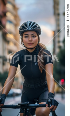 Confident female cyclist riding her bicycle in...のイラスト素材 [123371266