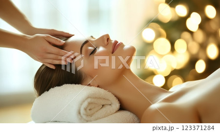 Skilled masseuse gently massages a woman's head on a massage table in a spa with christmas lights, creating a luxurious, relaxing atmosphere 123371284