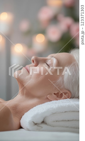 Woman relaxes on a spa massage table, eyes closed in serene luxury. Candles and towels add to her calm, capturing self care and pampering 123371303