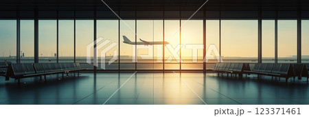 Sunset at a modern airport terminal, with a plane landing outside. Spacious interior with empty seats and panoramic windows. Clean design creates tranquility for travelers 123371461