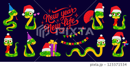 Cute snakes set. Chinese 2025 New Year symbol. Chinese horoscope zodiac sign. Snake characters in different pose, in Santa hat, with gift box. Cartoon vector illustration isolated on white background Cute snakes set. Chinese 2025 New Year symbol. Chinese horoscope zodiac sign. Snake characters in different pose, in Santa hat, with gift box. Cartoon vector illustration isolated on white background 123371534