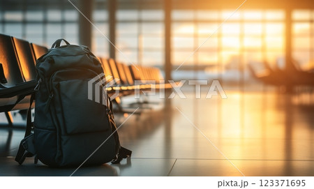 Backpack is standing near empty seats in an airport terminal with the sun setting in the background. The image evokes feelings of wanderlust and adventure 123371695