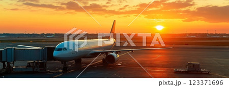 Airplane is parked on the airport runway with a vibrant orange sunset in the background. The sun is setting behind the horizon, casting a warm glow on the tarmac 123371696