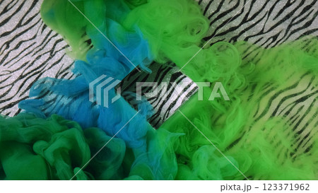 Paint zebra art. Water dye ethereal. Defocused blue green multicolor cube haze fume fog splash texture ink on patterned light background. 123371962