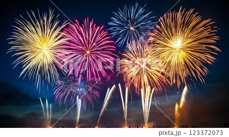 Magnificent display of fireworks lighting up the night sky during a New Year's celebration. 123372073