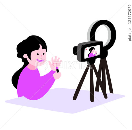 女性配信者がカメラ・ライトの前でメイク動画を撮影中_日本人インフルエンサーの配信舞台裏イラスト 123372079