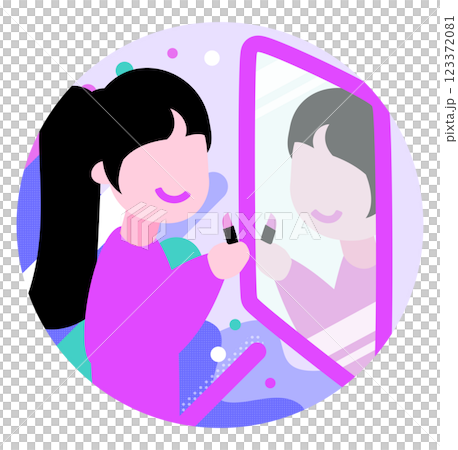 A bird's-eye view illustration of a Japanese woman applying makeup in the mirror_image of makeup in progress/retouching makeup 123372081