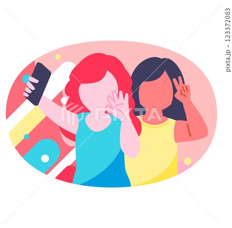 10代の女性二人がスマホでセルフィー自撮りする姿:友達と撮影を楽しむ顔なしのイラスト_多国籍 10代の女性二人がスマホでセルフィー自撮りする姿:友達と撮影を楽しむ顔なしのイラスト_多国籍 123372083