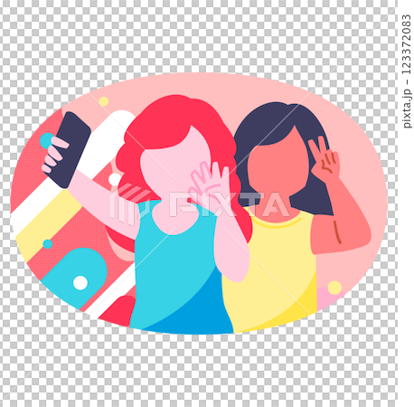 兩位少女用智慧型手機自拍：朋友們享受拍照的匿名插畫_跨國公司 123372083