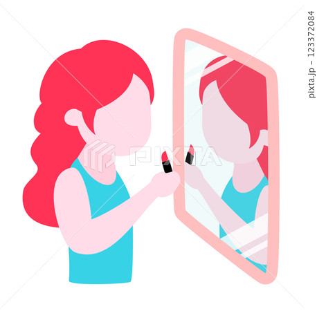 鏡を見てメイクアップ・化粧をする白人女性の俯瞰イラスト_メイク中・メイク直しイメージ 123372084