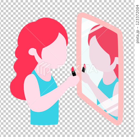 鏡を見てメイクアップ・化粧をする白人女性の俯瞰イラスト_メイク中・メイク直しイメージ 123372084
