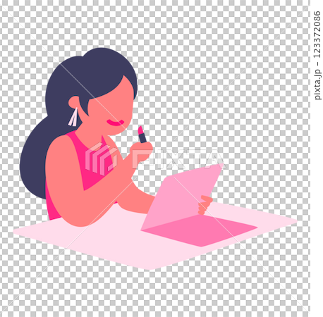 メイクアップ・化粧をするアジア人女性の俯瞰イラスト_メイク中・メイク直し・メイクアップアーティスト メイクアップ・化粧をするアジア人女性の俯瞰イラスト_メイク中・メイク直し・メイクアップアーティスト 123372086
