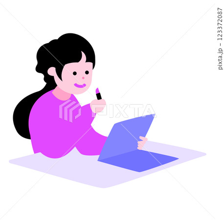 メイクアップ・化粧をする日本人女性の俯瞰イラスト_メイク中・メイク直し・メイクアップアーティスト 123372087