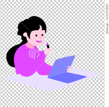 メイクアップ・化粧をする日本人女性の俯瞰イラスト_メイク中・メイク直し・メイクアップアーティスト 123372087