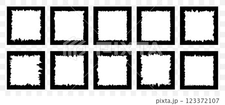 Set of Jagged Square shapes. Black grunge frames. Textured abstract element bundle for collage, text box, banner, sticker. Vector illustration isolated on white background Set of Jagged Square shapes. Black grunge frames. Textured abstract element bundle for collage, text box, banner, sticker. Vector illustration isolated on white background 123372107