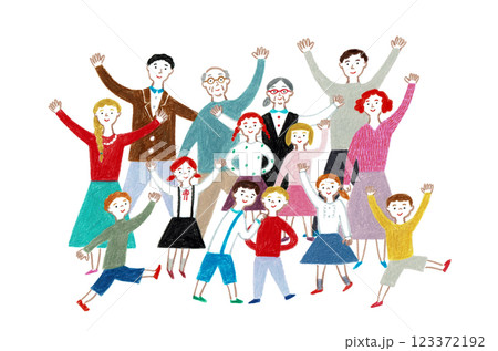 手描きイラスト 笑顔で手を振る子供と大人 手描きイラスト 笑顔で手を振る子供と大人 123372192