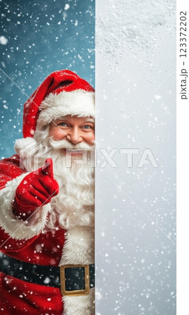 Santa Claus excitedly pointing at a blank sign amid falling snow, perfect for festive marketing. 123372202