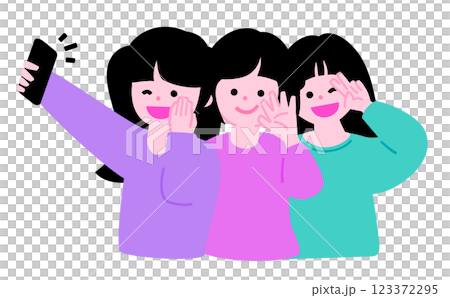 10代の日本人女性三人がスマホでセルフィー自撮りする姿:友達と撮影を楽しむ笑顔のイラスト 10代の日本人女性三人がスマホでセルフィー自撮りする姿:友達と撮影を楽しむ笑顔のイラスト 123372295