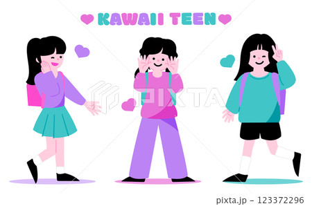 10代の小学生・中学生のかわいいティーンの女の子の友達の笑顔全身イラスト 123372296
