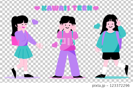 10代の小学生・中学生のかわいいティーンの女の子の友達の笑顔全身イラスト 123372296