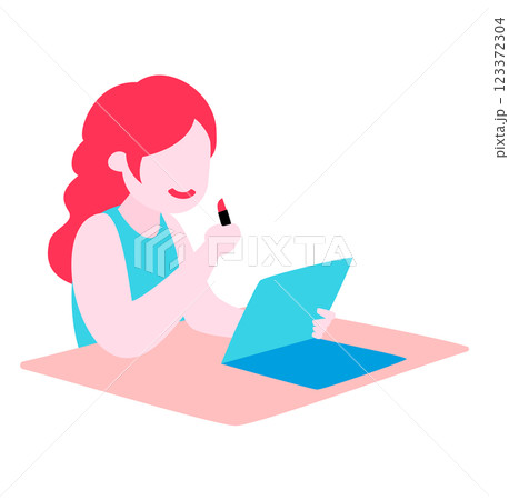 メイクアップ・化粧をする白人女性の俯瞰イラスト_メイク中・メイク直し・メイクアップアーティスト 123372304