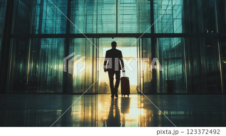 Businessman is walking through an airport terminal with the setting sun in the background. The businessman is silhouetted against the bright light 123372492