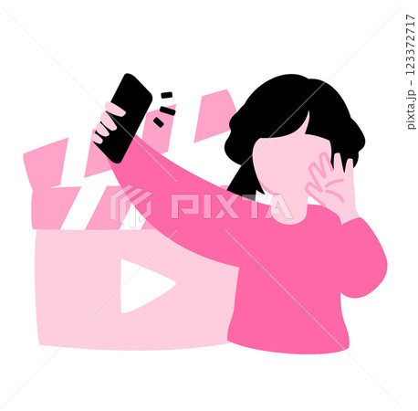 顔なし女性配信者・インフルエンサーの動画配信イラスト：小学生〜高校生の10代の自撮り動画イメージ 123372717