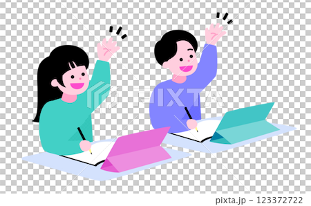 Illustration of elementary school children studying and learning by writing on tablets and notebooks at cram schools and classes, raising their hands_children's ICT education 123372722