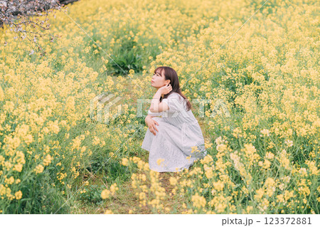 菜の花に囲まれて座る女性 123372881