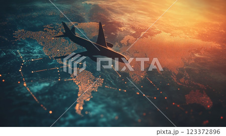 Passenger jet is flying over a digital world map, connecting the continents with its travel path. The sun is setting in the background, creating a warm and inviting atmosphere 123372896