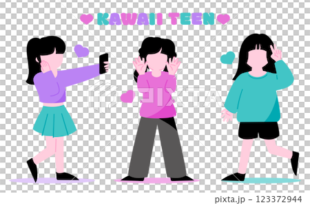 Full-body illustration of cute teenage elementary and junior high school girls friends without faces Full-body illustration of cute teenage elementary and junior high school girls friends without faces 123372944