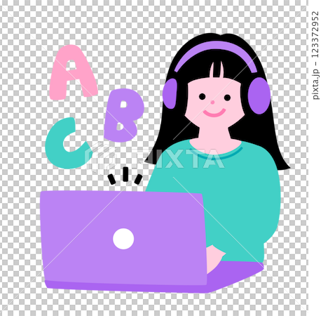 Japanese elementary school student wearing headphones and learning English on a computer: Distance learning, children's study illustration 123372952