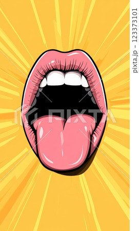 Pop art illustration of open mouth showing tongue and teeth with yellow radial burst background, ideal for concepts related to communication, expression, and pop culture 123373101