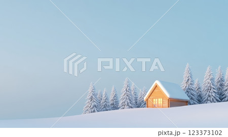 Warm light glowing from a cozy wooden cabin nestled among snow covered pine trees creates a tranquil winter evening scene against a clear blue sky 123373102