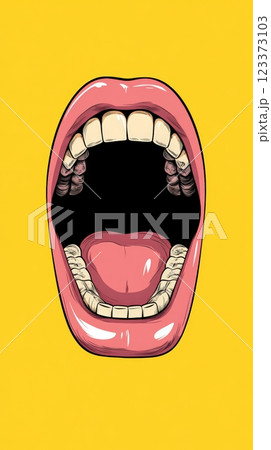 Illustration of an open mouth with glossy pink lips, white teeth, and pink tongue against a vibrant yellow background, creating a striking visual contrast 123373103