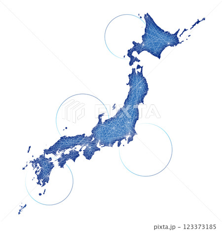 ネットワークのイメージの日本地図、日本列島の地図　通信、インフラ、物流イメージ　白背景　ブルー 123373185