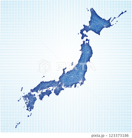 ネットワークのイメージの日本地図、日本列島の地図　通信、インフラ、物流イメージ　白背景　ブルー 123373186