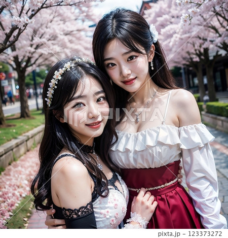 桜の下で記念撮影をする二人 123373272