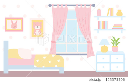 Flat Design Illustration of Cute Pink Bedroom Landscape for Kid Little Girl with Girly Decoration 123373306