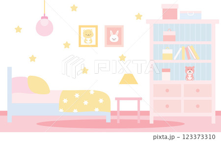 Flat Design Illustration of Cute Pink Bedroom Landscape for Kid Little Girl with Girly Decoration 123373310