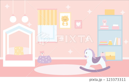 Flat Design Illustration of Cute Pink Bedroom Landscape for Kid Little Girl with Girly Decoration Flat Design Illustration of Cute Pink Bedroom Landscape for Kid Little Girl with Girly Decoration 123373311