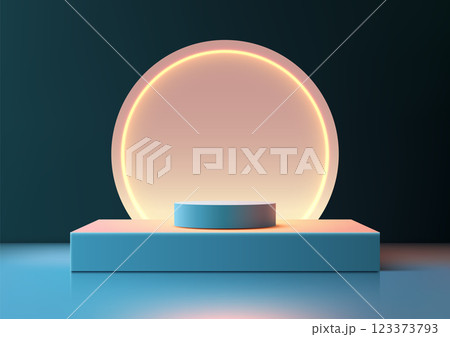 modern 3d blue podium with neon glowing light circle, futuristic technology concept for product display and showcase 123373793