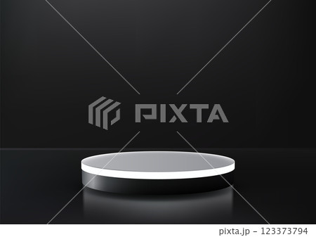 modern illuminated circular platform on dark surface, 3d futuristic product display mockup for showcase 123373794