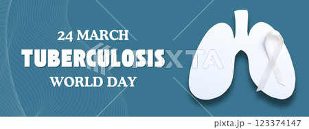World Tuberculosis Day, white paper lungs and ribbon on a blue background, with text 123374147