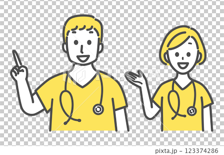 A set of male and female medical workers giving guidance A set of male and female medical workers giving guidance 123374286