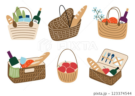 Vector illustration set of picnic baskets with food, wine, and fruits. Wicker baskets with baguette, apples, and utensils. Flat, cartoon style. Doodles for summer, leisure, and outdoor dining themes Vector illustration set of picnic baskets with food, wine, and fruits. Wicker baskets with baguette, apples, and utensils. Flat, cartoon style. Doodles for summer, leisure, and outdoor dining themes 123374544