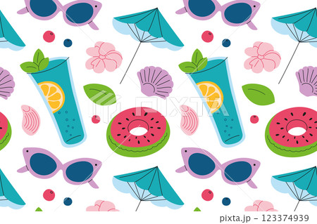 Vector seamless pattern with summer and tropical resort elements. Sunglasses, swimming ring, beach umbrella, tropical flowers, and seashells doodle. Bright colorful background for vacation and holiday 123374939